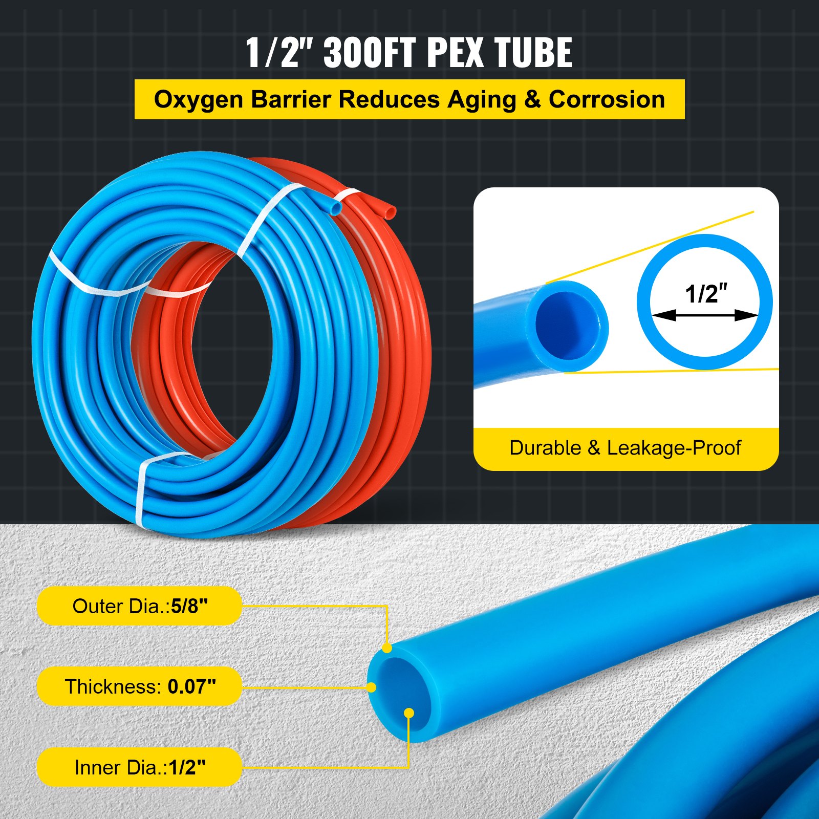 Tubo pex VEVOR de 1/2&quot; y 300 pies con barrera de oxígeno, rollos azules y rojos, especificaciones mostradas.