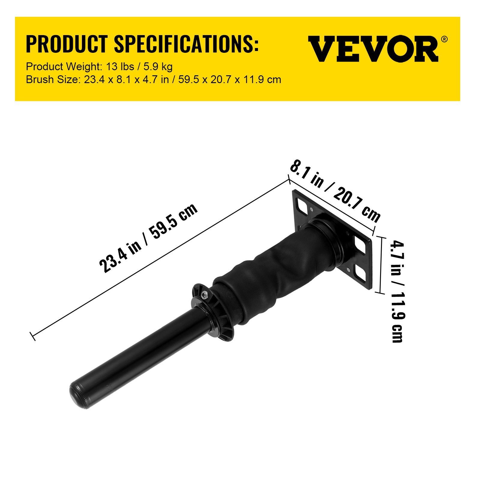 Amortiguador de cabina VEVOR, dimensiones mostradas: 23,4 x 8,1 x 4,7 pulgadas.