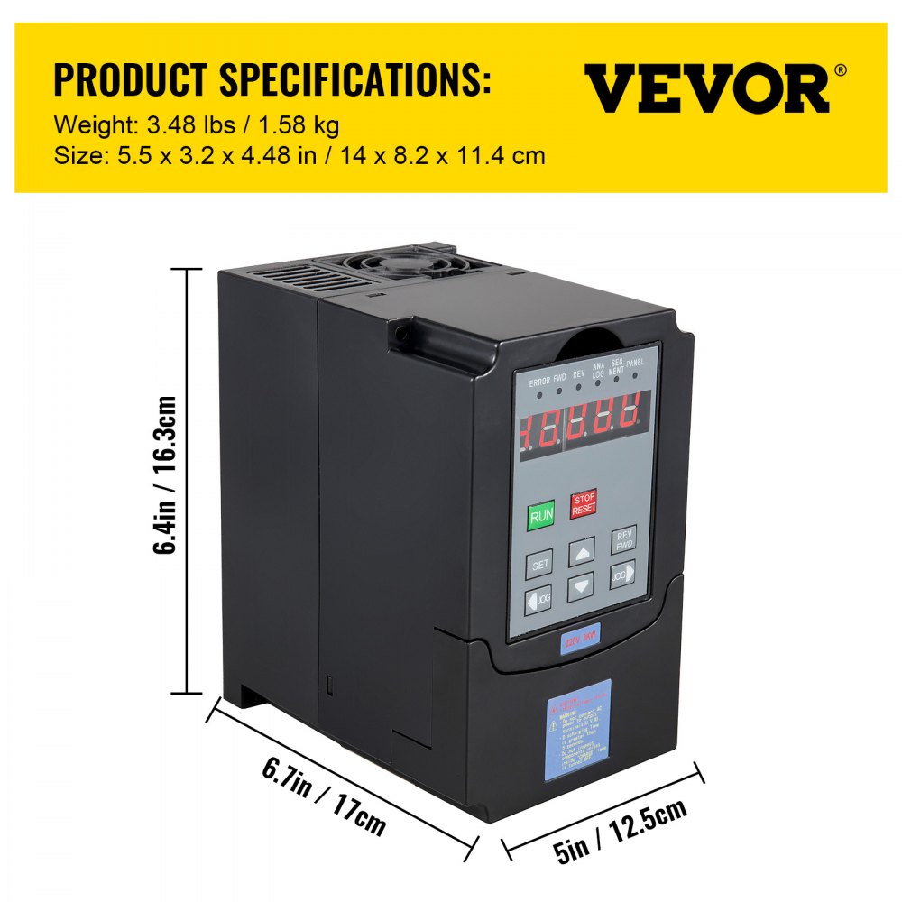 VFD VEVOR de 3 kW con especificaciones de dimensiones y peso en carcasa negra
