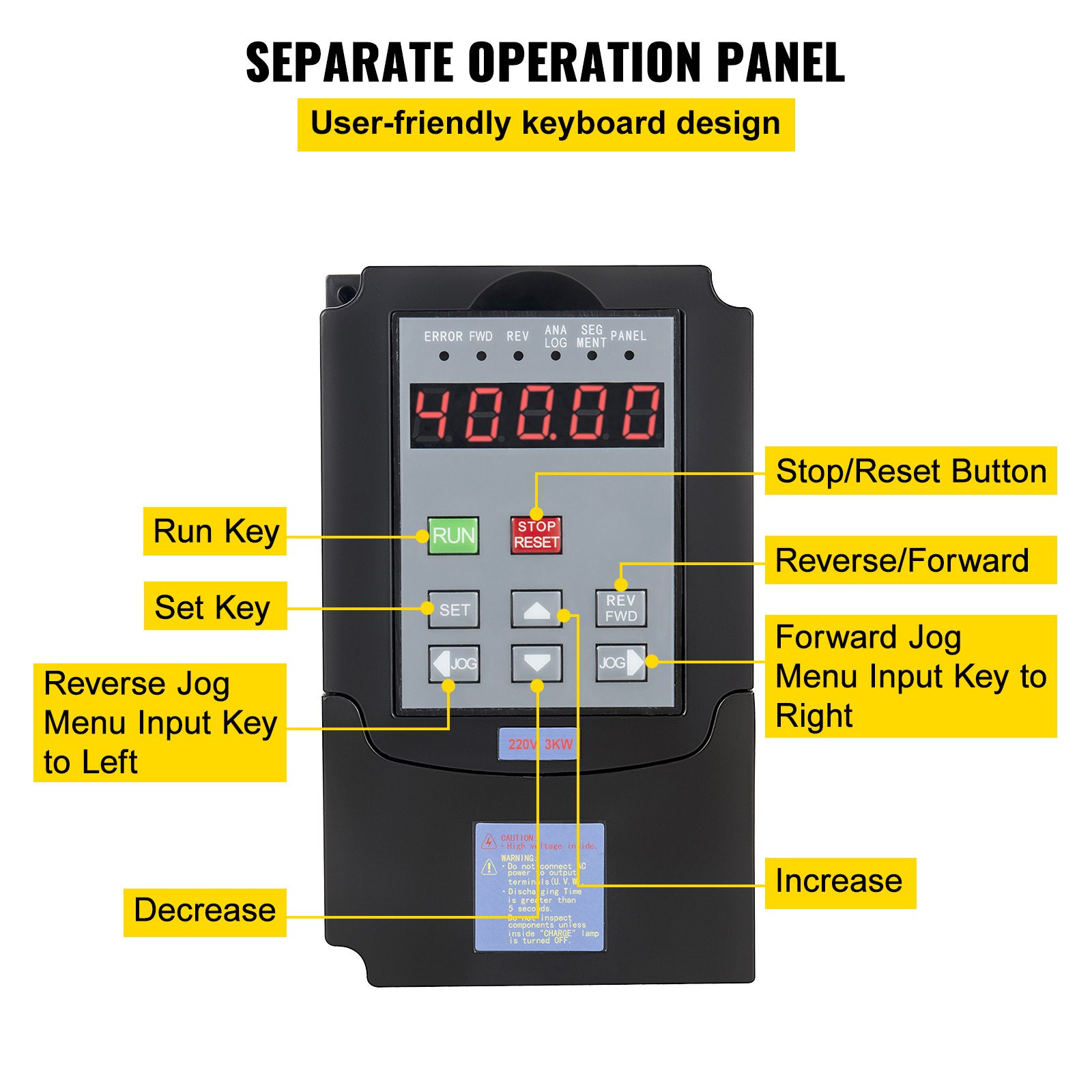 Panel de control VFD VEVOR 3kw con botones etiquetados para una fácil operación.