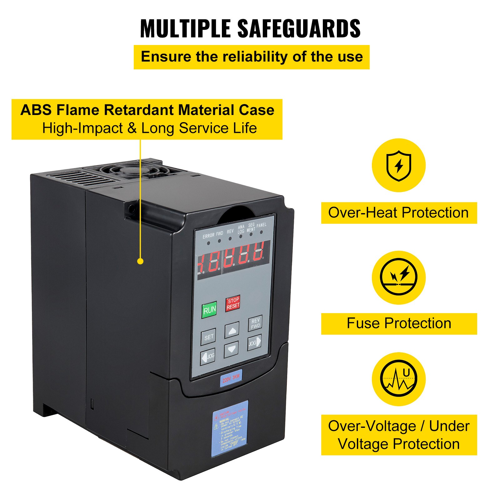 VFD VEVOR de 3 kW con múltiples protecciones, carcasa ignífuga de ABS y funciones de protección.