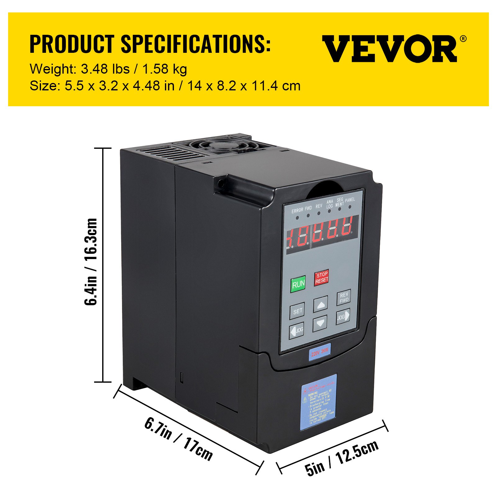 VFD VEVOR de 3 kW con especificaciones de dimensiones y peso en carcasa negra