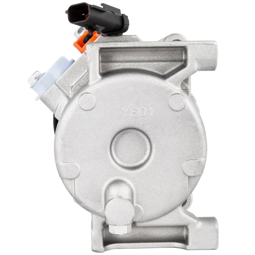Compresor de aire acondicionado VEVOR en plata con conectores, que muestra vista frontal y superior.