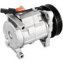 Compresor de aire acondicionado VEVOR, cuerpo plateado con polea negra y conector naranja.