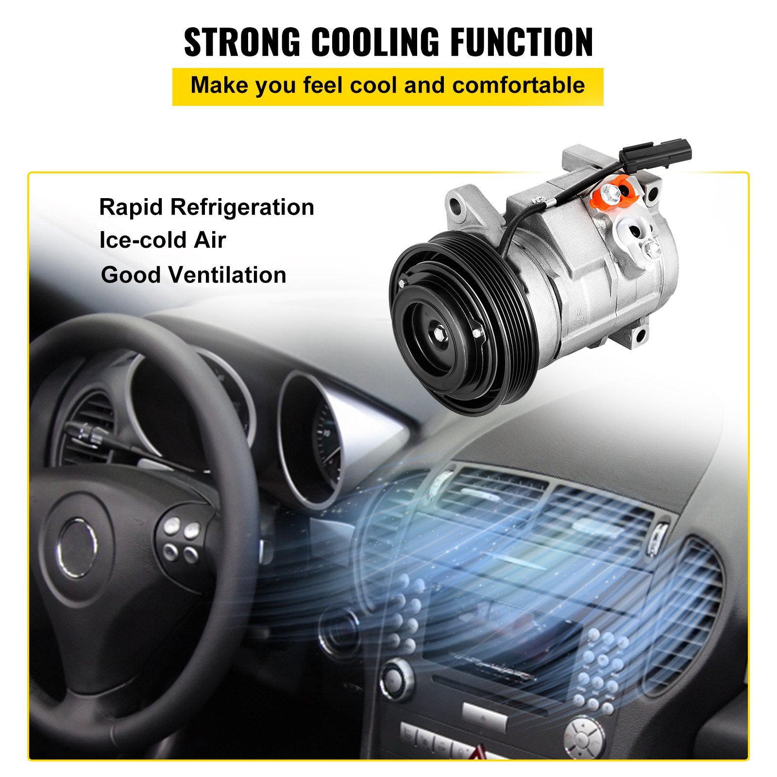 Compresor de aire acondicionado VEVOR que muestra una potente función de enfriamiento dentro del interior del automóvil.