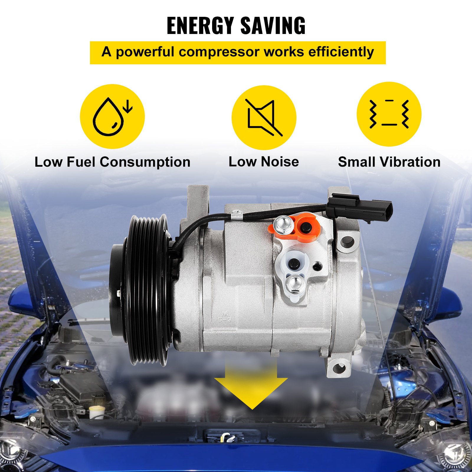 Compresor de aire acondicionado VEVOR con beneficios de bajo consumo de combustible, bajo nivel de ruido y pequeña vibración.