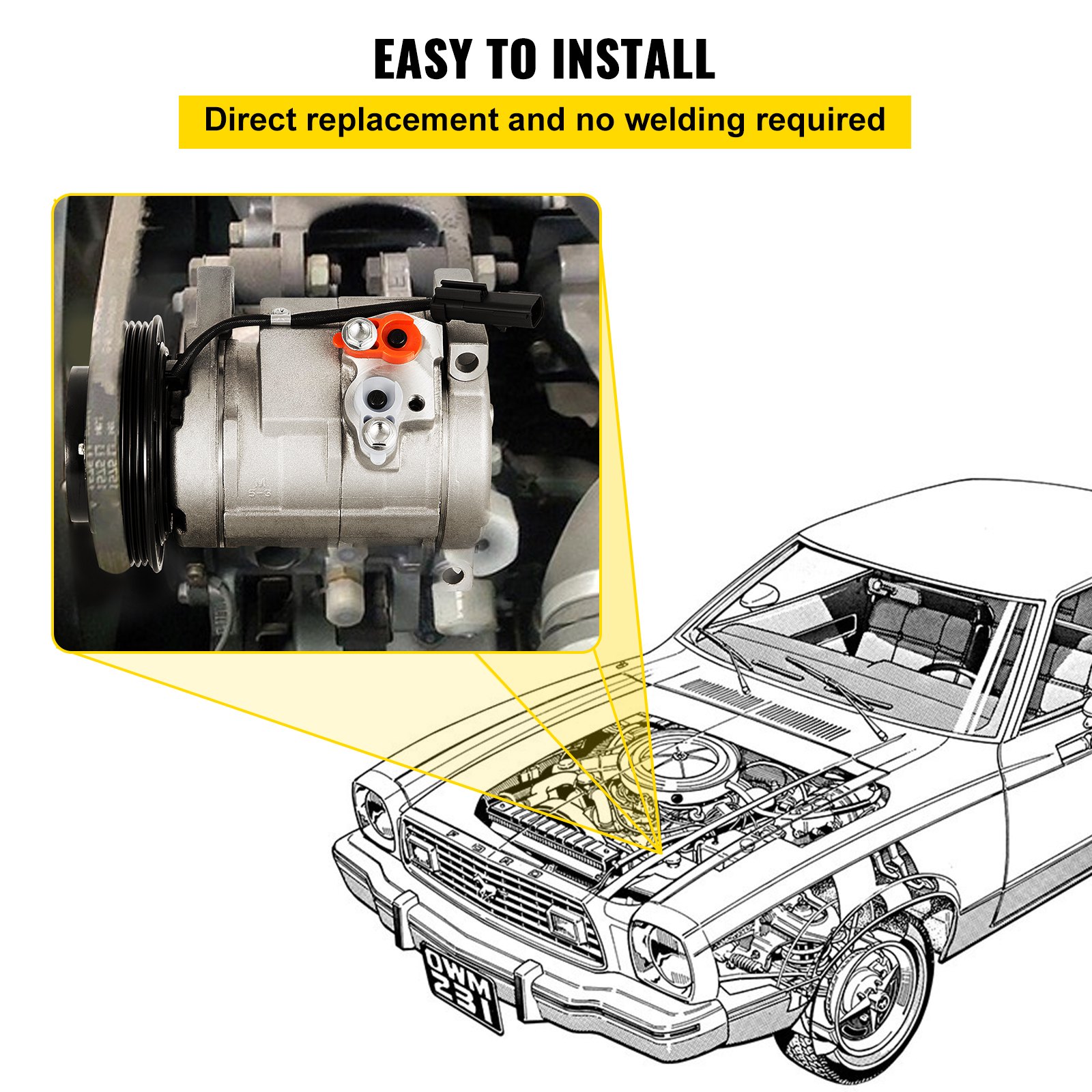 Diagrama de instalación del compresor de CA VEVOR con ilustración del motor y del automóvil.