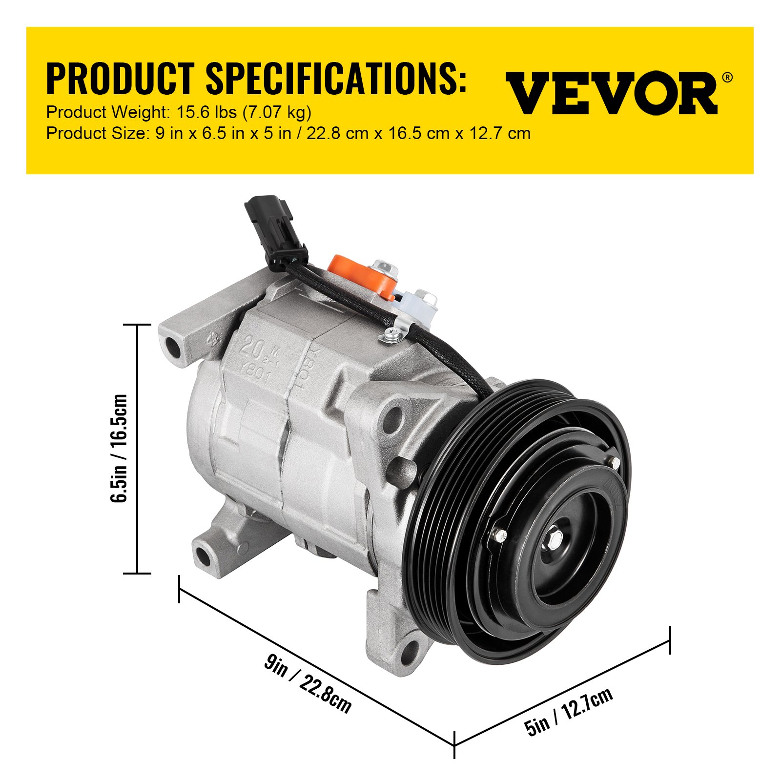 Compresor de aire acondicionado VEVOR con dimensiones: 9&quot; x 6,5&quot; x 5&quot; y peso: 15,6 libras.