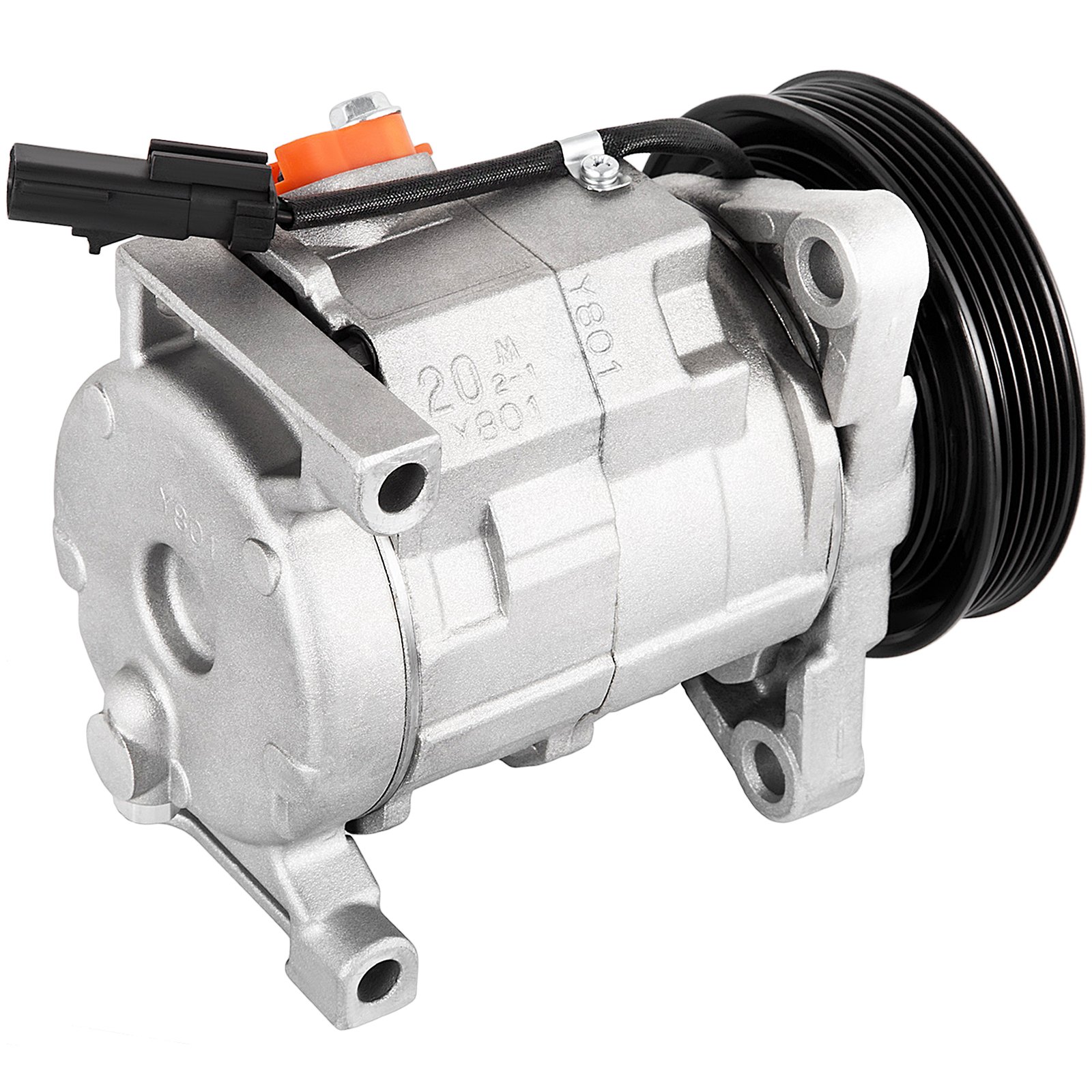 Compresor de aire acondicionado VEVOR, cuerpo plateado con polea negra y conector naranja.
