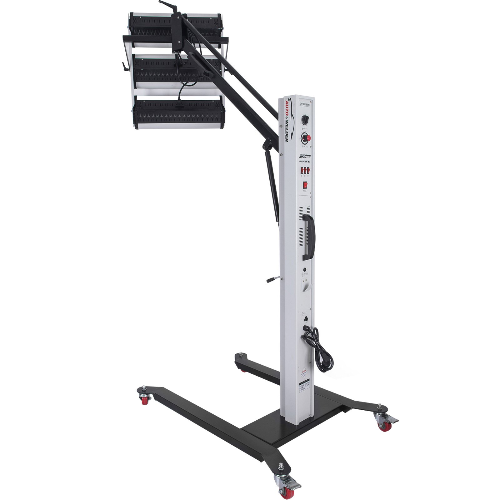 Lámpara de curado de pintura por infrarrojos VEVOR con soporte ajustable y panel de control sobre ruedas.