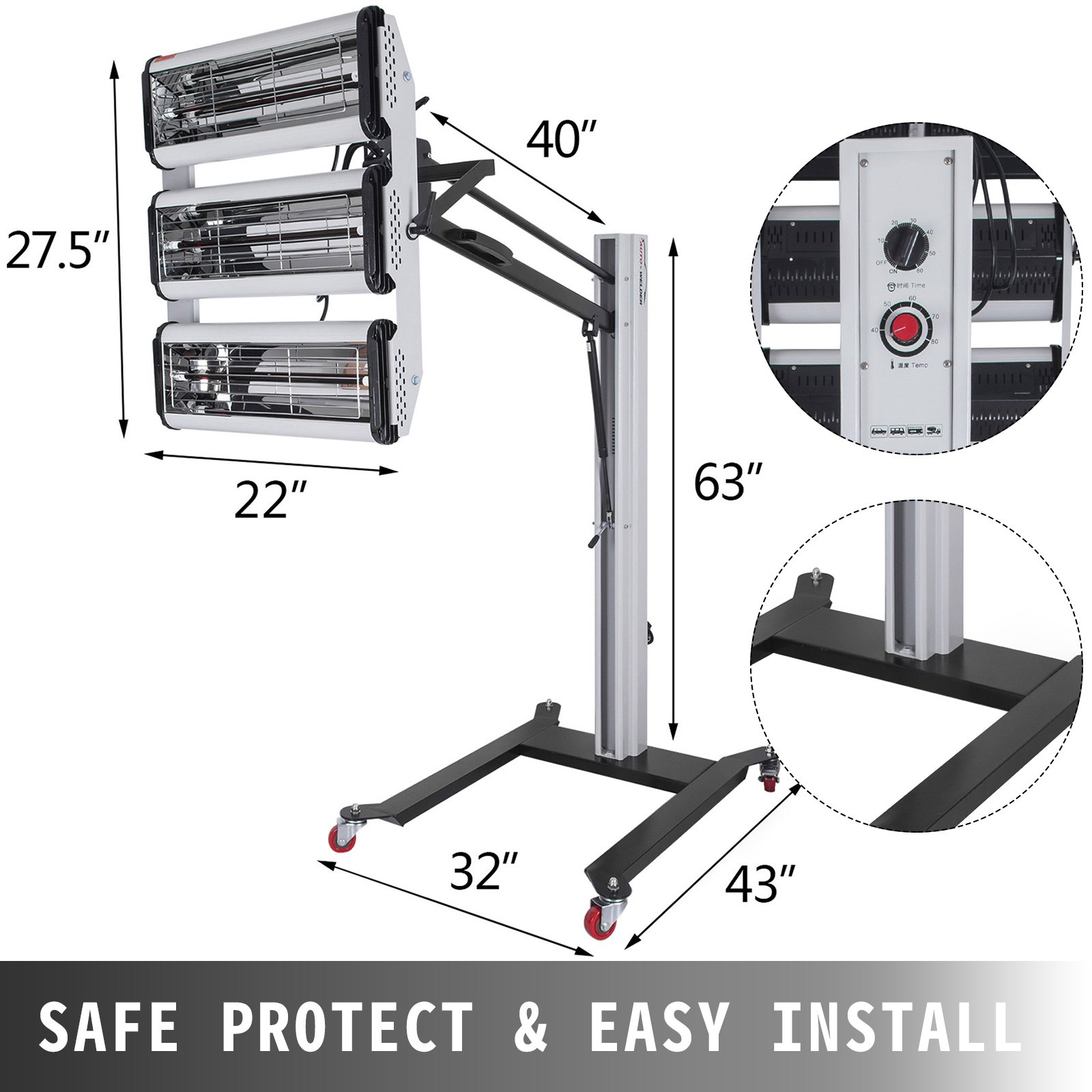 Lámpara de curado de pintura por infrarrojos VEVOR con altura ajustable y detalles del panel de control.