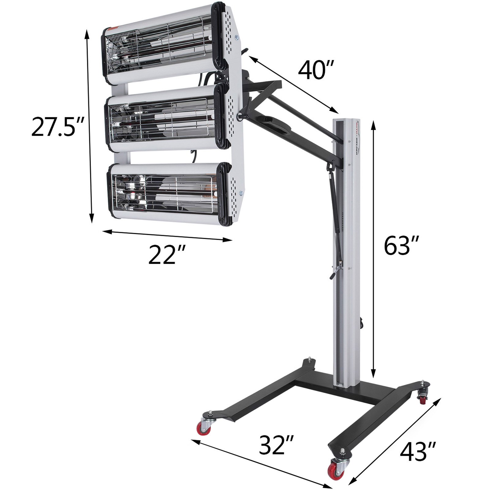Lámpara de curado de pintura por infrarrojos VEVOR con soporte ajustable y dimensiones etiquetadas.