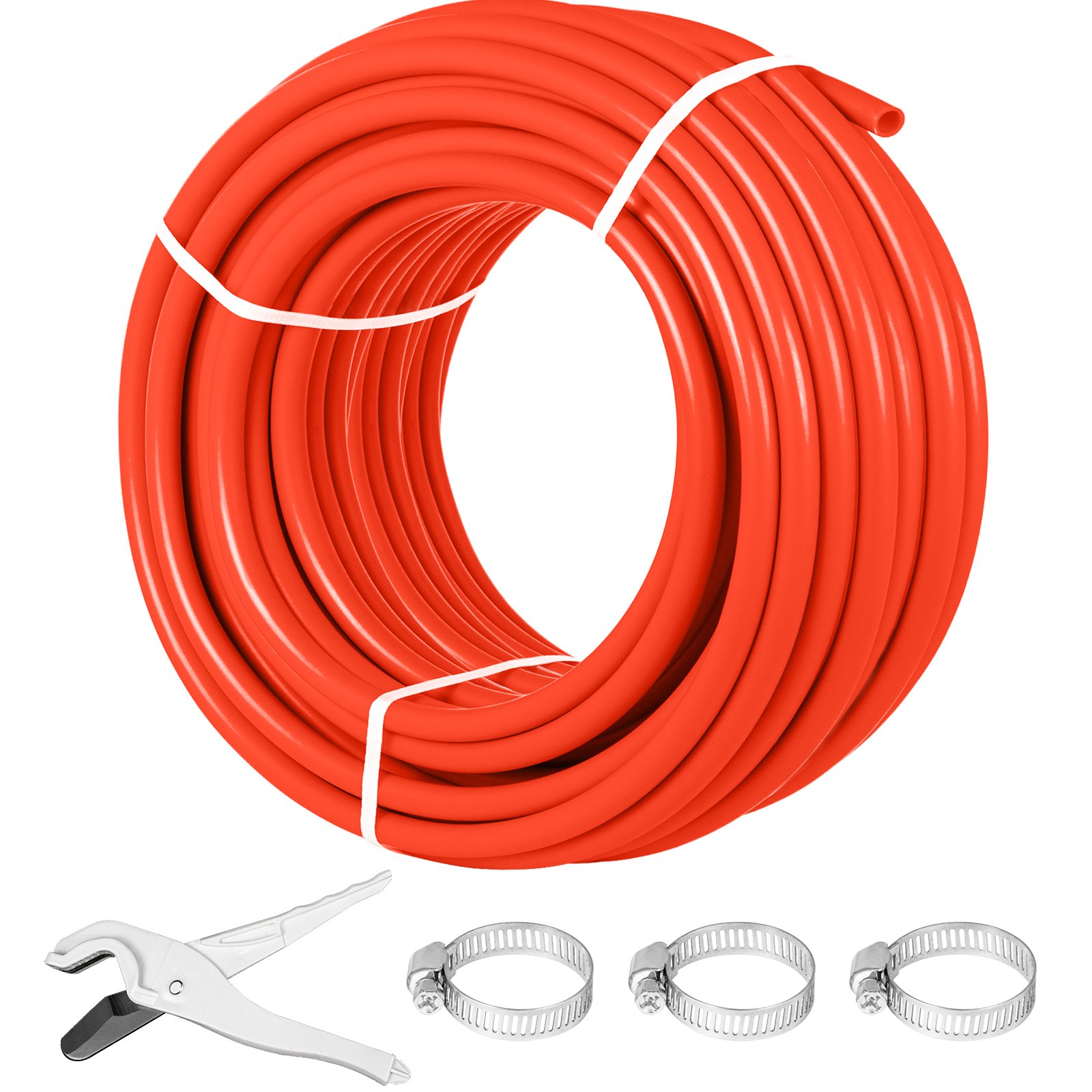 Tubería pex-b con barrera de oxígeno roja VEVOR con herramientas de plomería y abrazaderas.