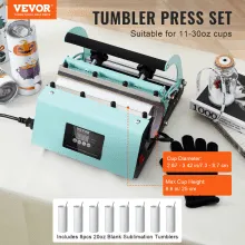 VEVOR Máquina de prensa de calor para vasos y vasos de sublimación, juego de prensa de vaso con 8 vasos en blanco de 20 oz, prensa de taza para vasos de 11-30 oz, con papel de transferencia de calor, guantes, cinta