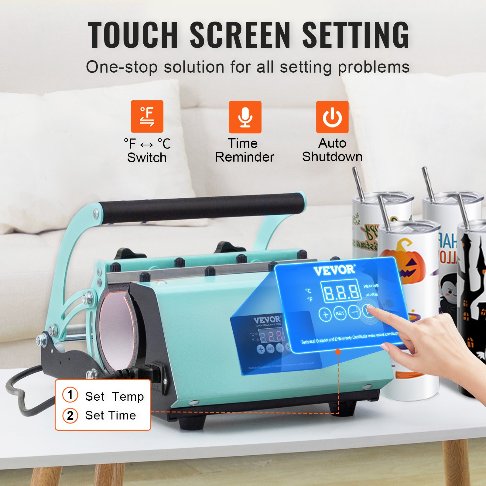 Máquina de prensado térmico para vasos VEVOR y vasos de sublimación, juego de prensa para vasos con 8 vasos en blanco de 20 oz, prensa para tazas de 11 a 30 oz, con papel de transferencia térmica, guantes y cinta adhesiva.