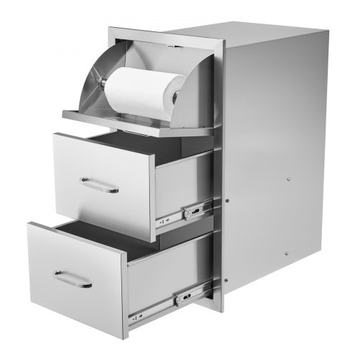 Cajones dobles de acero inoxidable VEVOR de 17" de ancho x 30" de alto x 21" de profundidad para cocina exterior, con soporte para toallas de papel, ideal para islas de barbacoa o estaciones de parrilla.