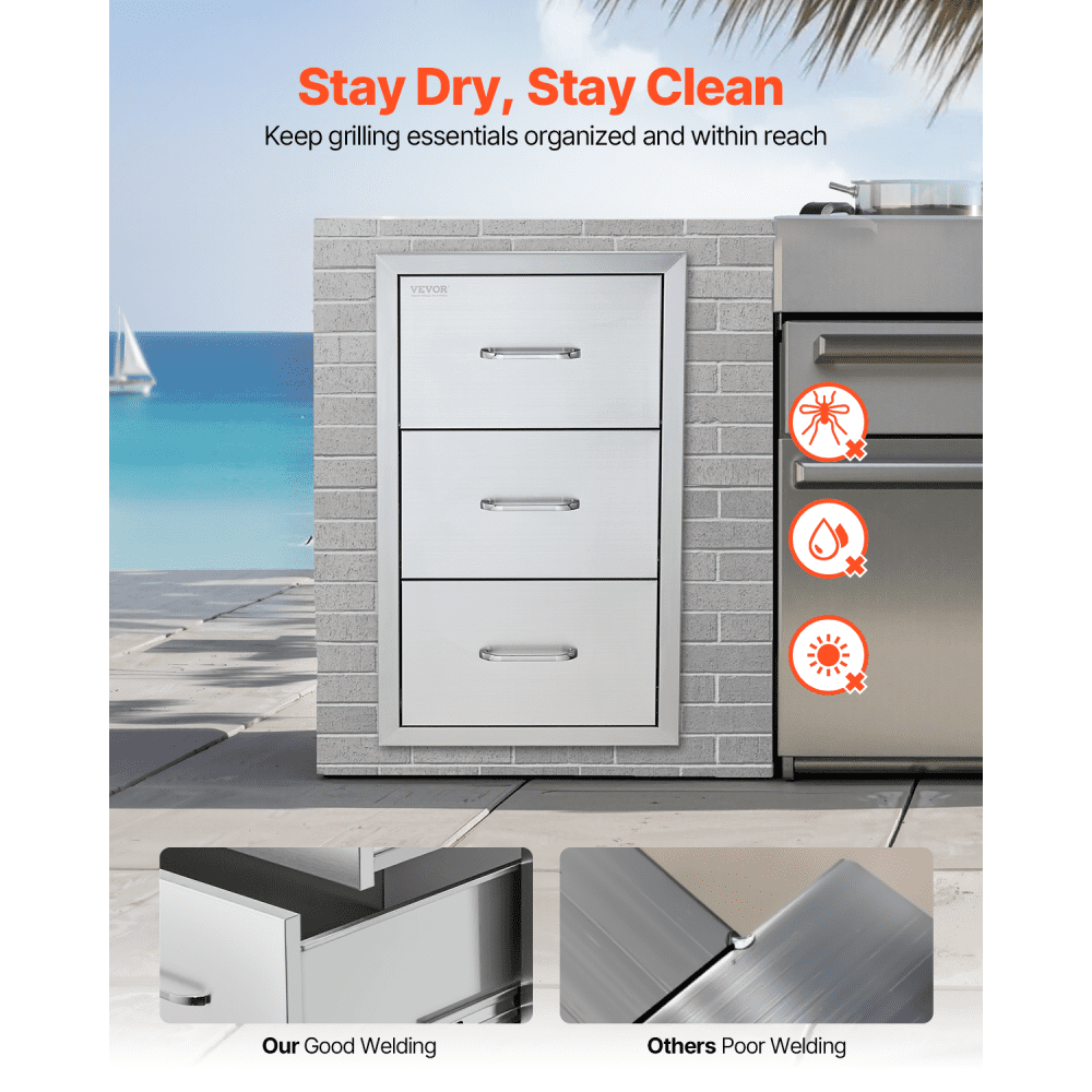 VEVOR 17W x 30H x 21D Inch Outdoor Kitchen Stainless Steel Double Access Drawers with Paper Towel Holder Combo for BBQ Island or Grill Station