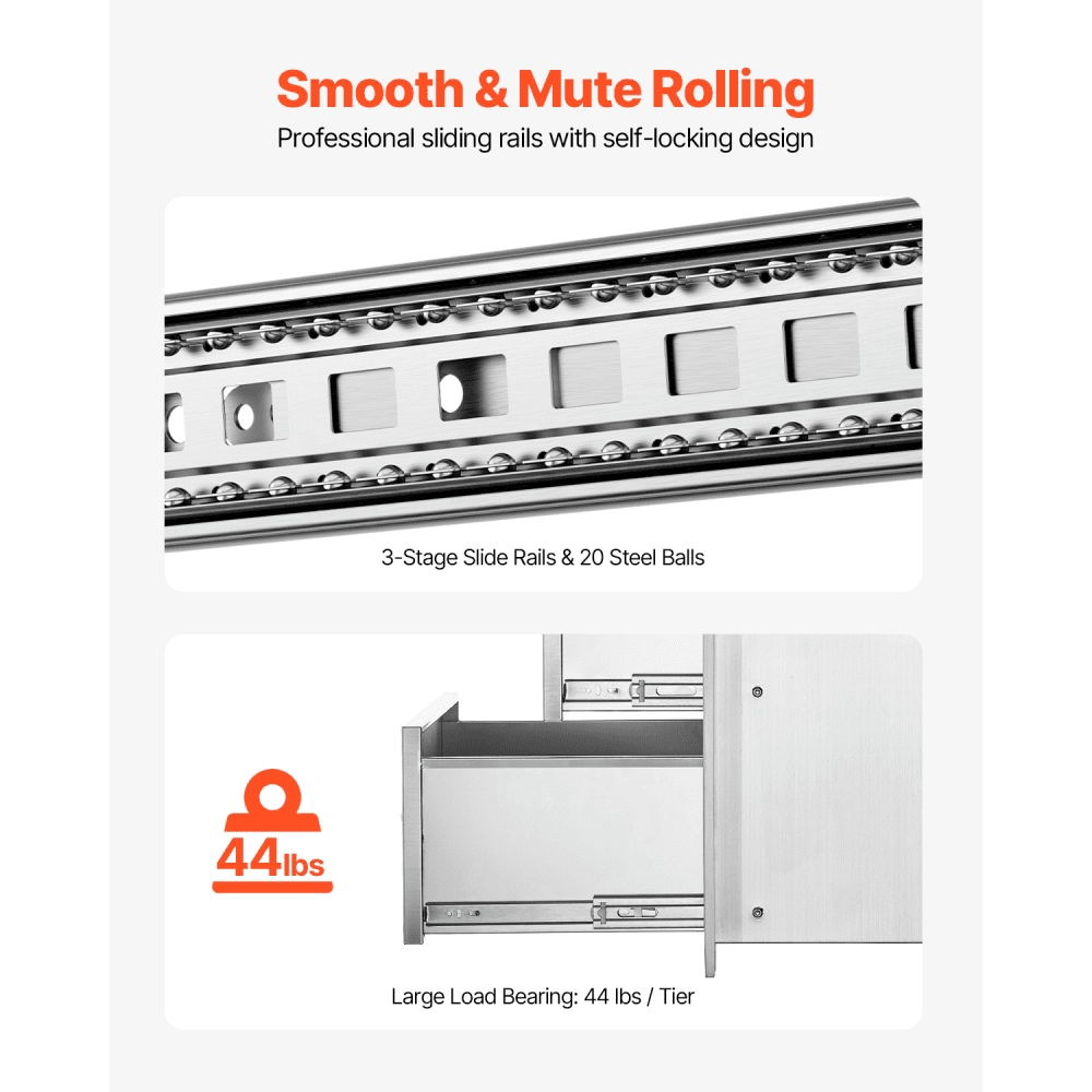 VEVOR 17W x 30H x 21D Inch Outdoor Kitchen Stainless Steel Double Access Drawers with Paper Towel Holder Combo for BBQ Island or Grill Station