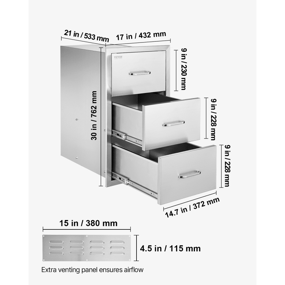 VEVOR 17W x 30H x 21D Inch Outdoor Kitchen Stainless Steel Double Access Drawers with Paper Towel Holder Combo for BBQ Island or Grill Station