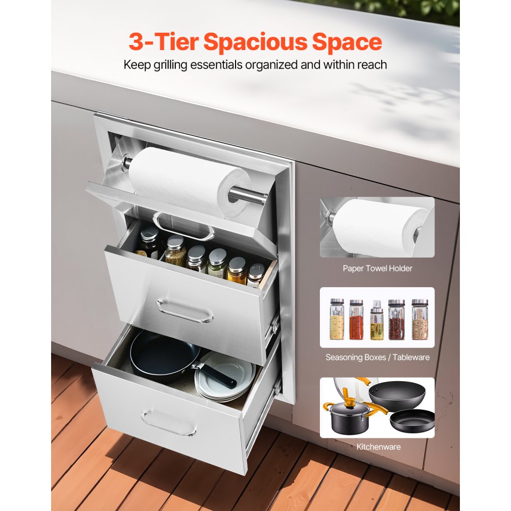 Cajones dobles de acero inoxidable VEVOR de 17" de ancho x 30" de alto x 21" de profundidad para cocina exterior, con soporte para toallas de papel, ideal para islas de barbacoa o estaciones de parrilla.