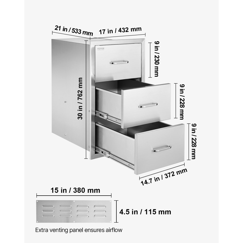 Cajones dobles de acero inoxidable VEVOR de 17" de ancho x 30" de alto x 21" de profundidad para cocina exterior, con soporte para toallas de papel, ideal para islas de barbacoa o estaciones de parrilla.