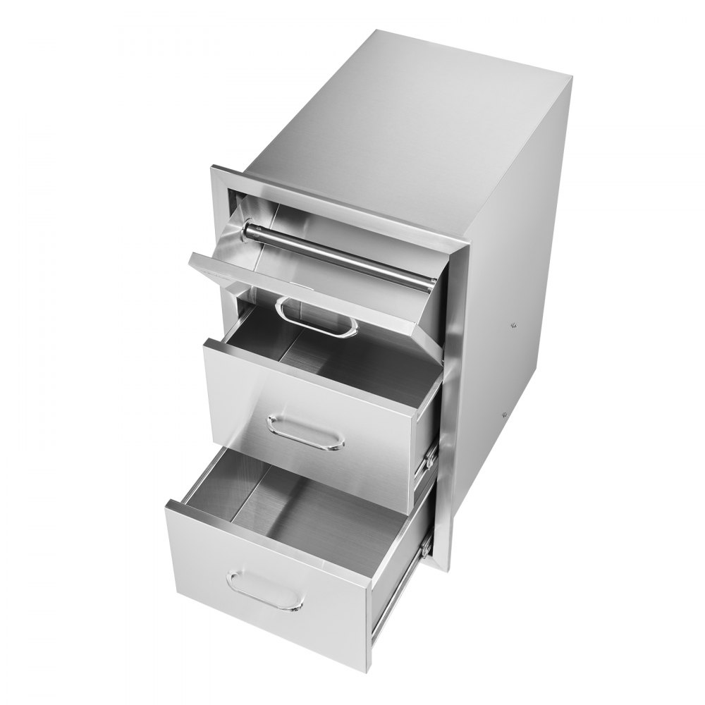Cajones dobles de acero inoxidable VEVOR de 17" de ancho x 30" de alto x 21" de profundidad para cocina exterior, con soporte para toallas de papel, ideal para islas de barbacoa o estaciones de parrilla.