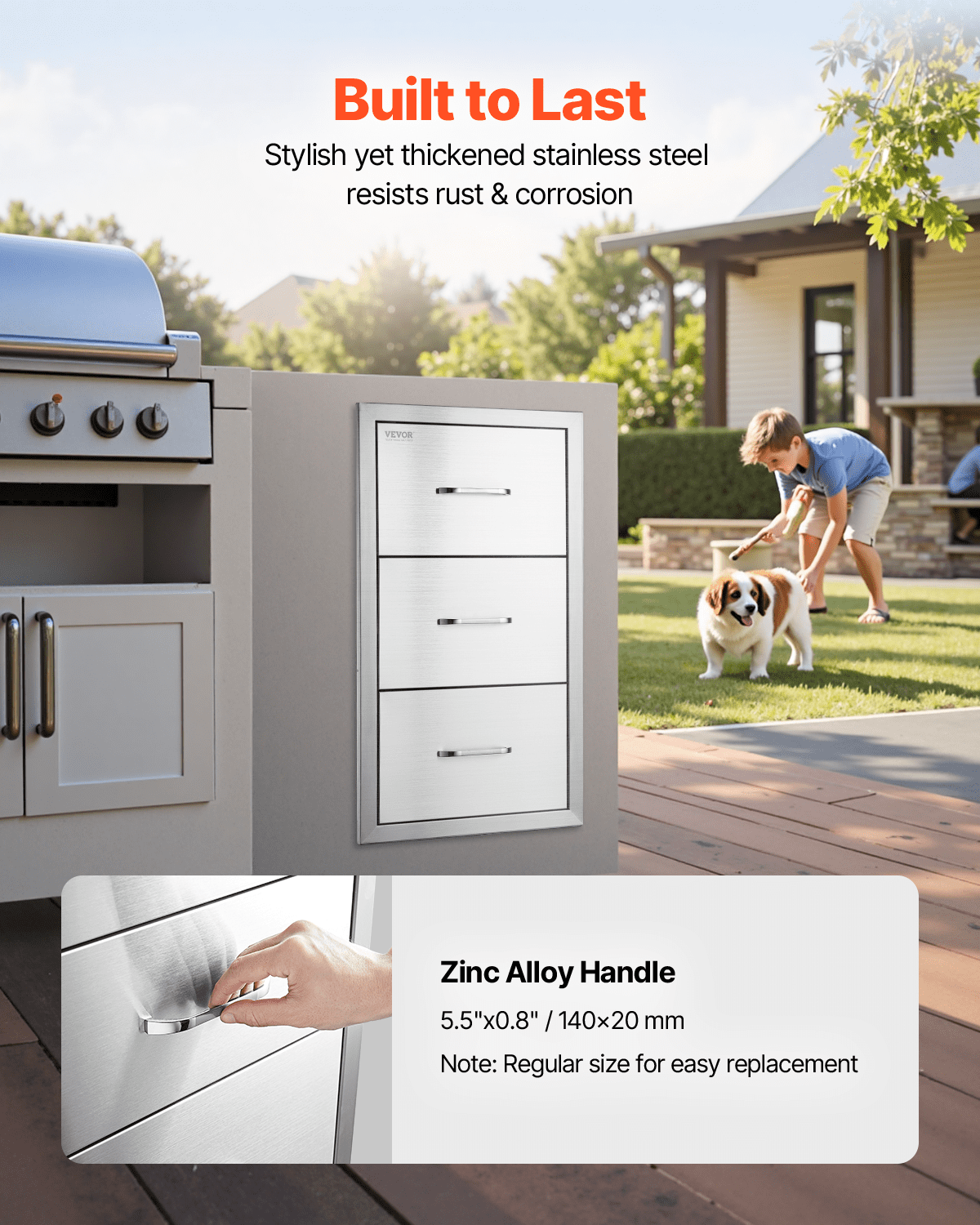 VEVOR 17W x 30H x 21D Inch Outdoor Kitchen Stainless Steel Double Access Drawers with Paper Towel Holder Combo for BBQ Island or Grill Station