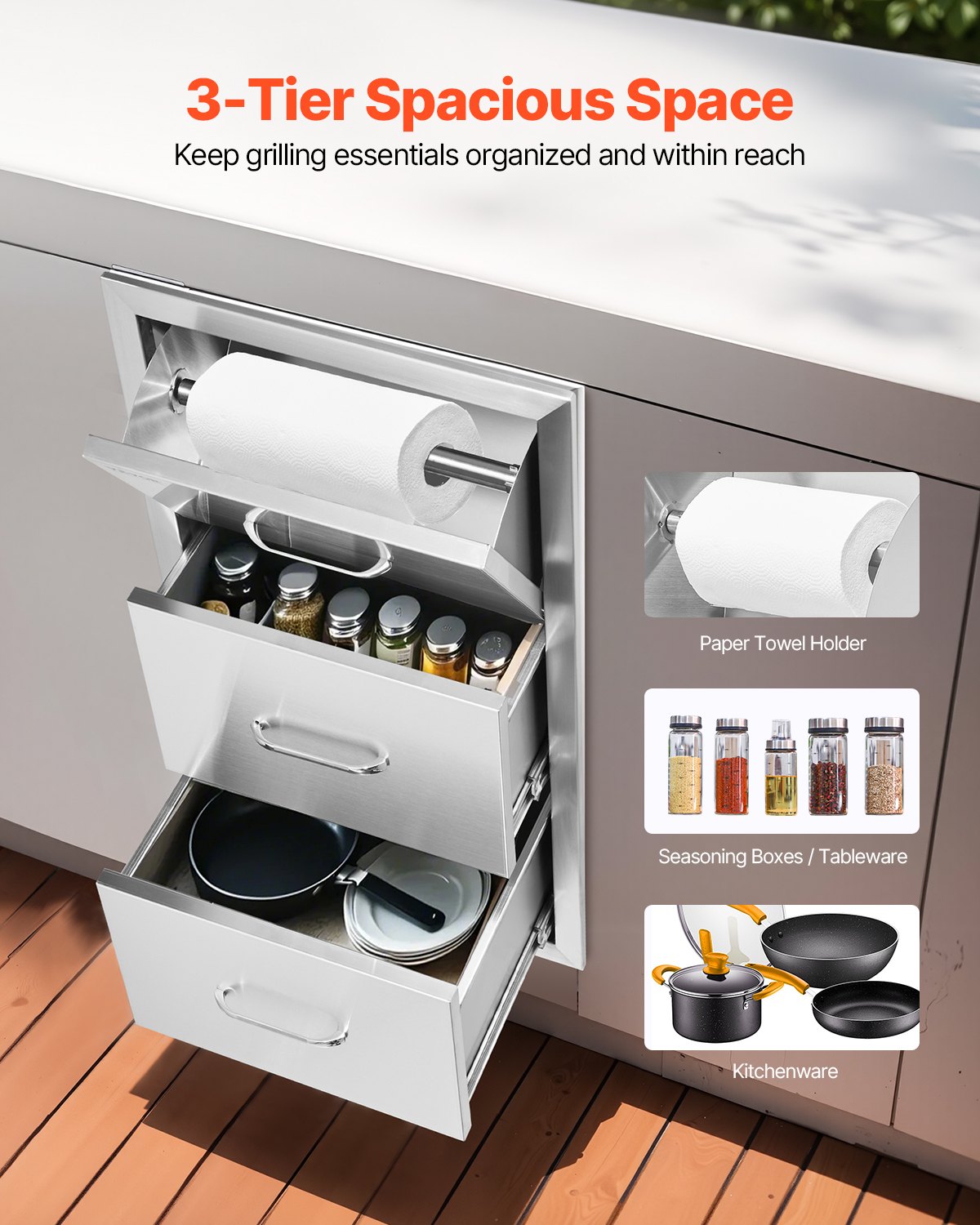 Cajones dobles de acero inoxidable VEVOR de 17" de ancho x 30" de alto x 21" de profundidad para cocina exterior, con soporte para toallas de papel, ideal para islas de barbacoa o estaciones de parrilla.