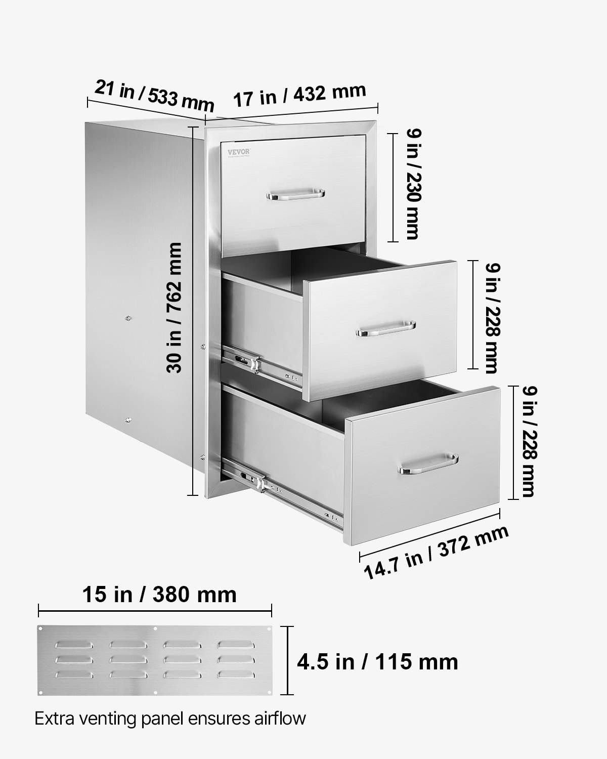 Cajones dobles de acero inoxidable VEVOR de 17" de ancho x 30" de alto x 21" de profundidad para cocina exterior, con soporte para toallas de papel, ideal para islas de barbacoa o estaciones de parrilla.