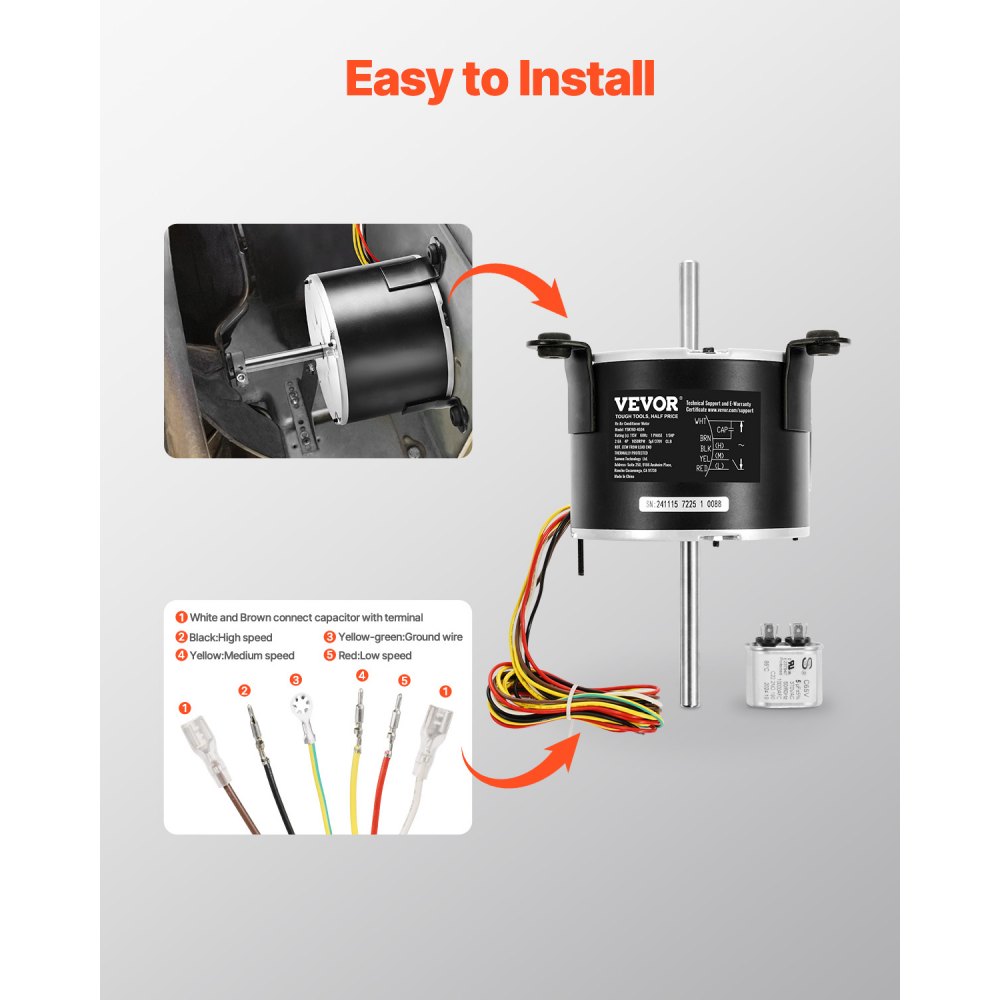 VEVOR 3108706.916 Motor de ventilador de CA para RV compatible con Dometic Brisk Air I (modelo monofásico, 1/5 HP, 115 V CA, 2,6 A, 1650 RPM, 3 velocidades)