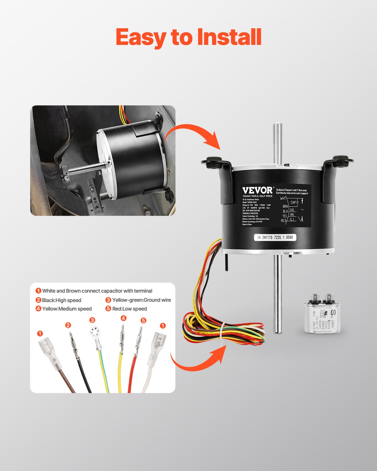 VEVOR 3108706.916 Motor de ventilador de CA para RV compatible con Dometic Brisk Air I (modelo monofásico, 1/5 HP, 115 V CA, 2,6 A, 1650 RPM, 3 velocidades)
