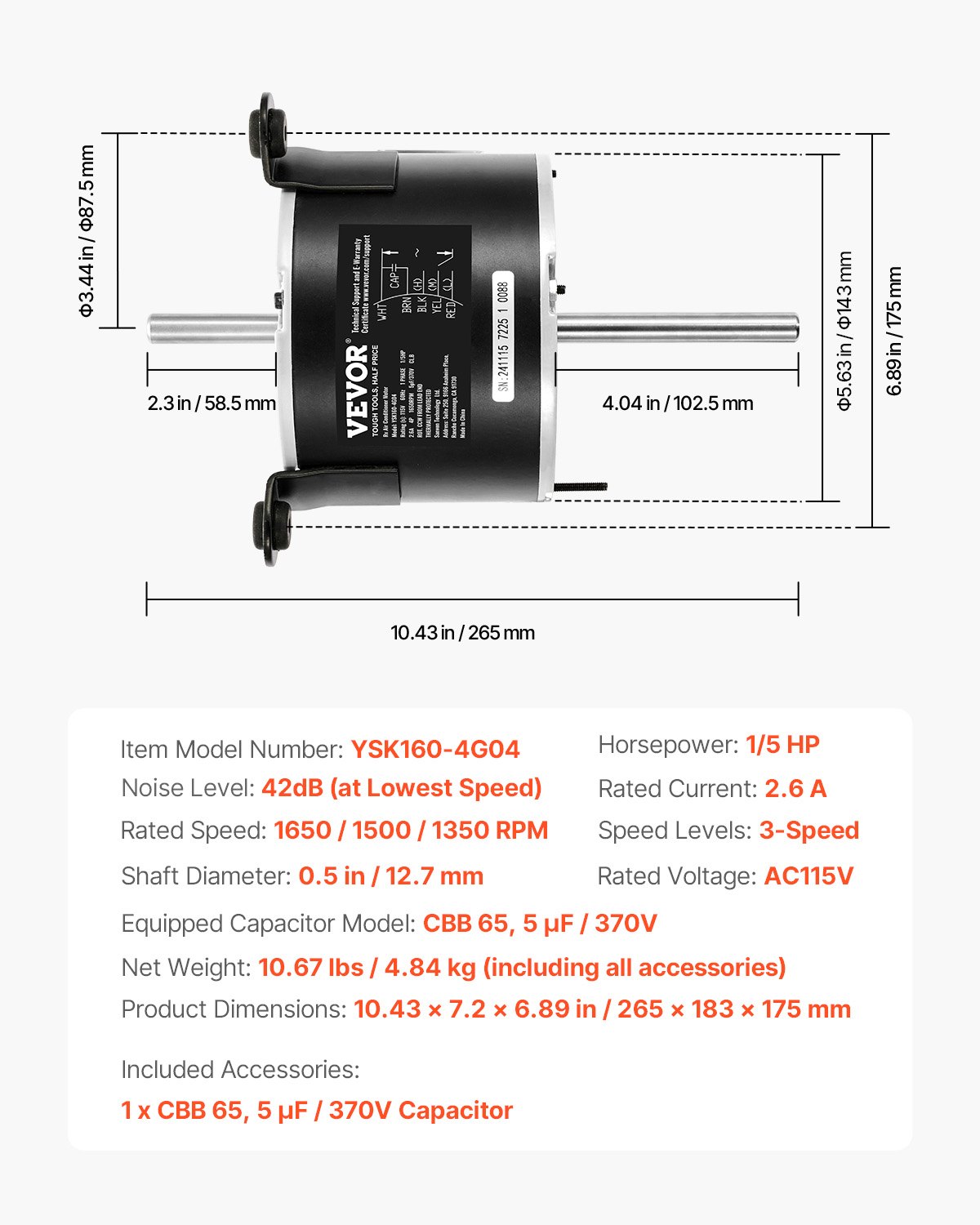VEVOR 3108706.916 Motor de ventilador de CA para RV compatible con Dometic Brisk Air I (modelo monofásico, 1/5 HP, 115 V CA, 2,6 A, 1650 RPM, 3 velocidades)