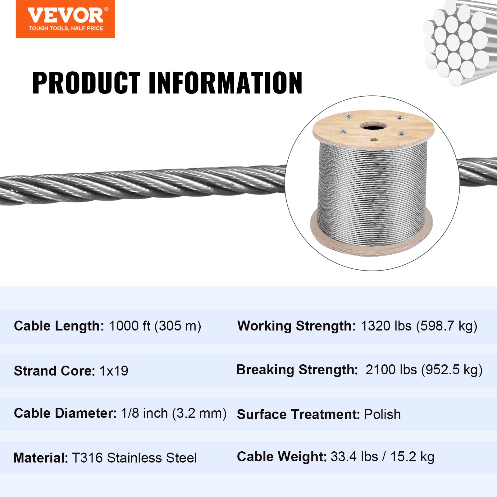Cable de acero inoxidable VEVOR de 1000 pies, 1/8 de pulgada, 1320 libras de resistencia de trabajo, material t316.