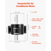 Motor de ventilador de CA para RV de 1/4 HP, 115 V CA, 3 A, 1650 RPM, monofásico, con condensador de 5 uf/370 V