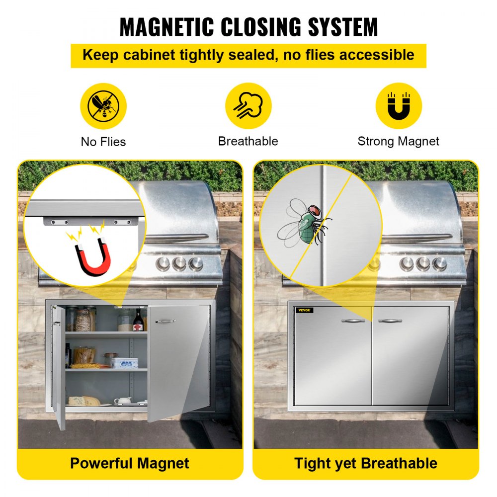 Puerta de acceso para barbacoa VEVOR de 33 pulgadas de ancho x 22 pulgadas de alto, puerta doble para barbacoa de acero inoxidable, puertas de cocina al aire libre para isla de barbacoa, estación de parrilla, gabinete exterior