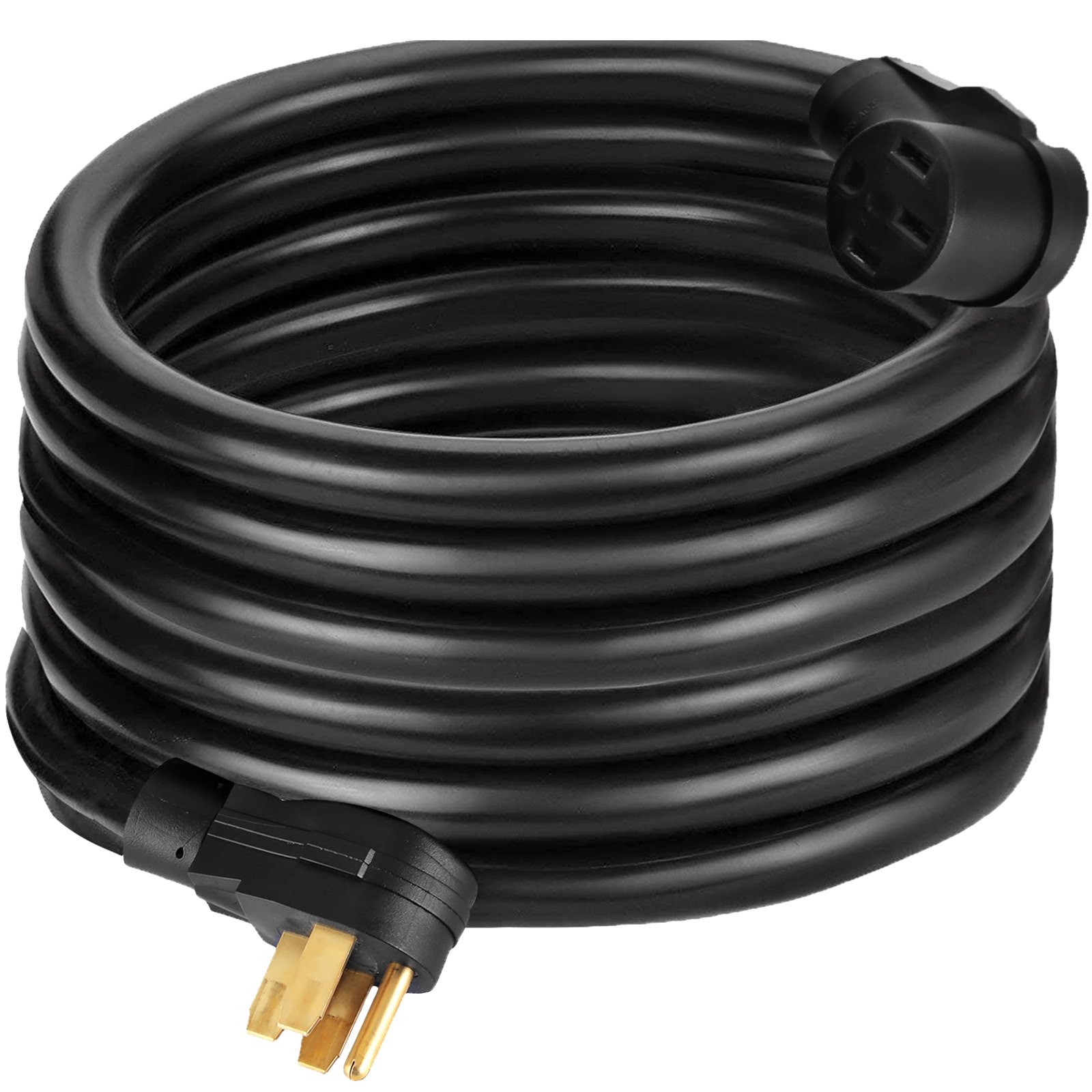 Cable de alimentación VEVOR RV enrollado con enchufe de tres clavijas y aislamiento negro.