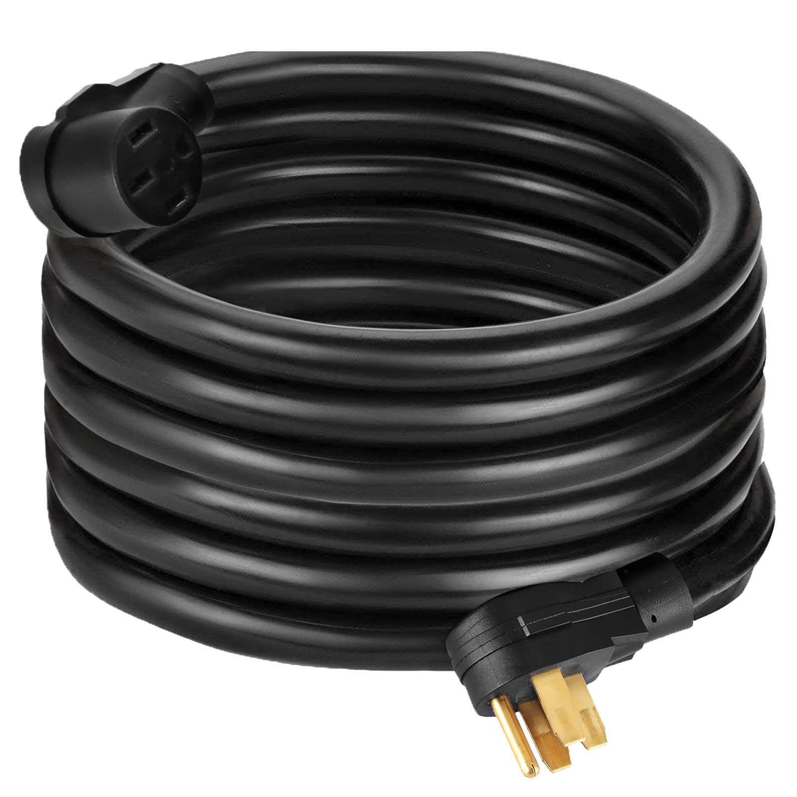 Cable de alimentación para vehículos recreativos VEVOR enrollado con enchufe en ángulo y aislamiento negro.