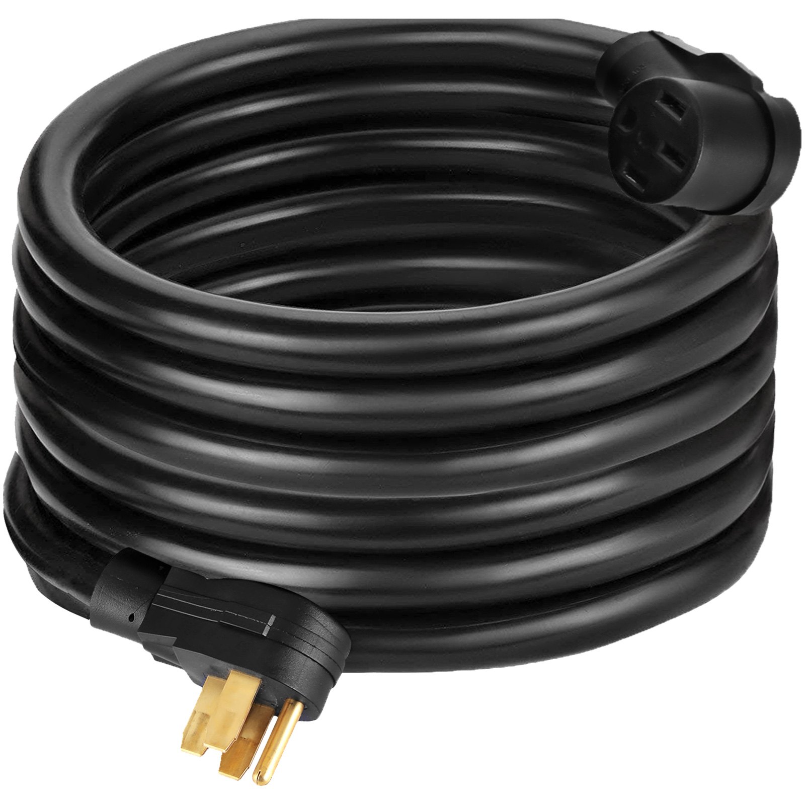 Cable de alimentación para RV VEVOR en espiral negro con clavijas doradas y enchufe en ángulo recto.