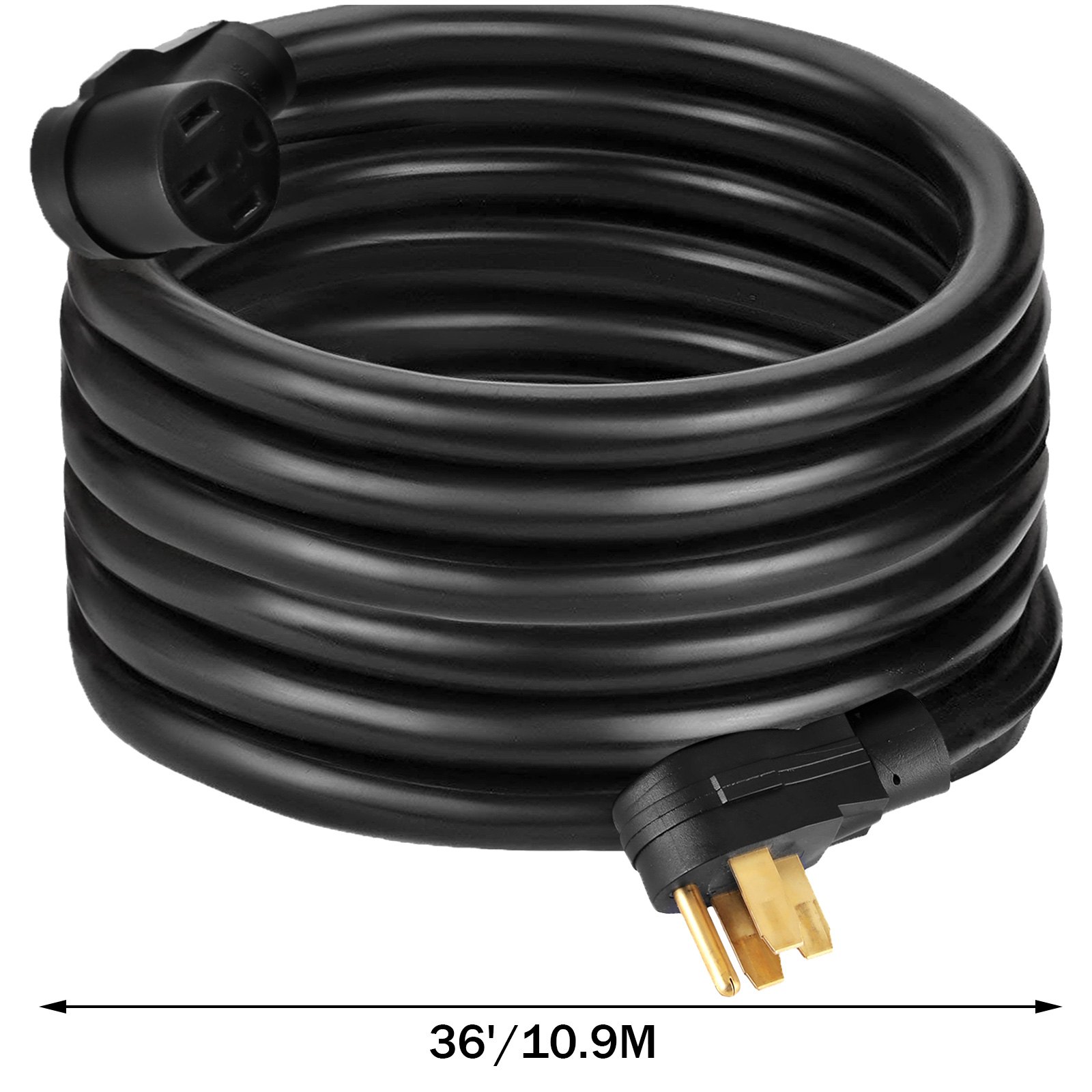 Cable de alimentación para RV VEVOR de 36 pies enrollado con carcasa flexible negra y enchufe.