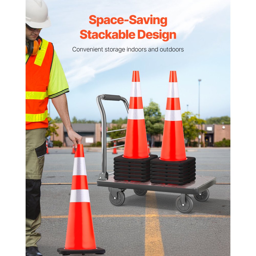 VEVOR Paquete de 6 conos de tráfico de 36 pulgadas, cono de estacionamiento de seguridad en carretera con base pesada negra, conos de seguridad de tráfico naranja de PVC, conos de peligro, collares reflectantes para estacionamiento de tráfico de construcción