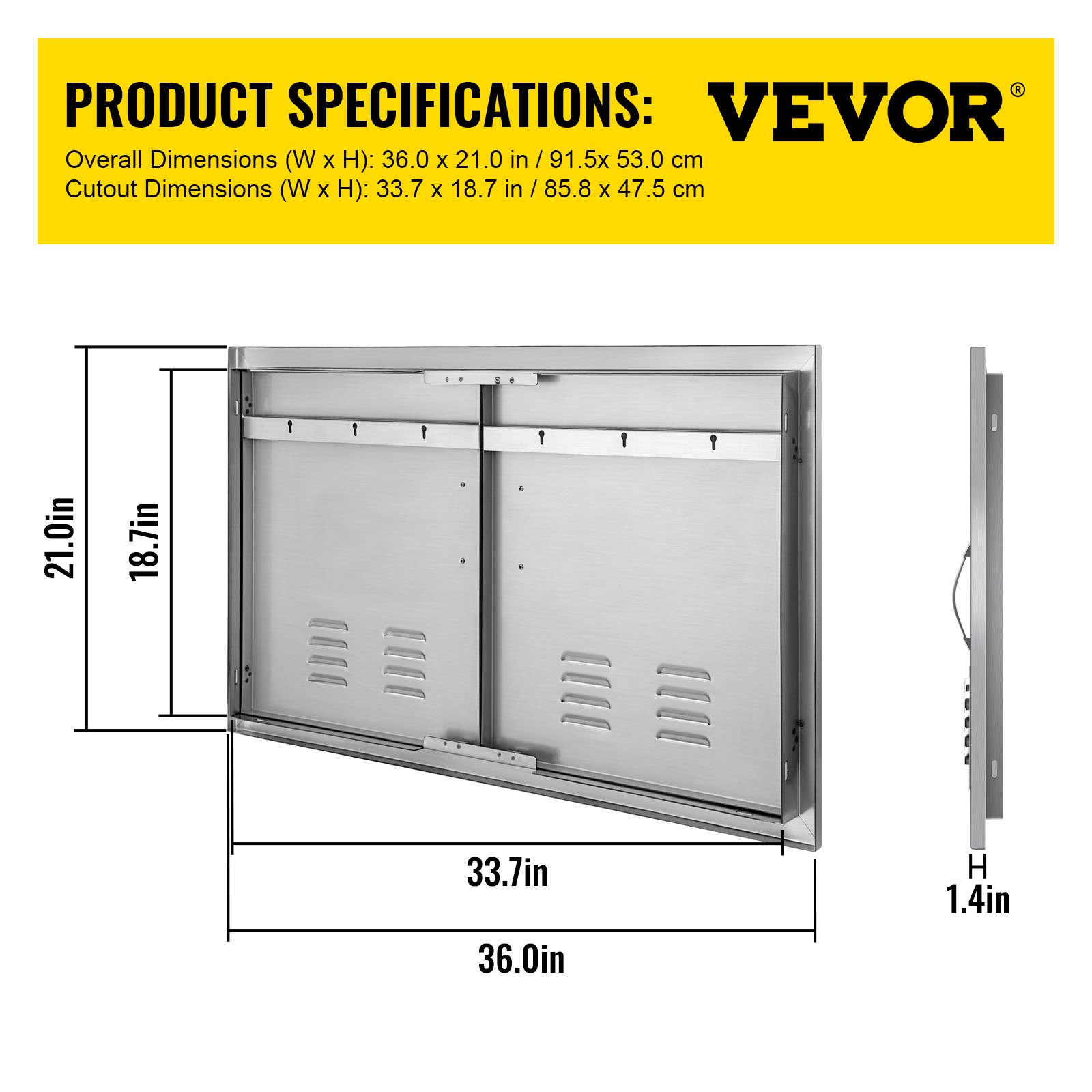 Puerta de isla de barbacoa VEVOR con dimensiones y especificaciones sobre fondo amarillo.