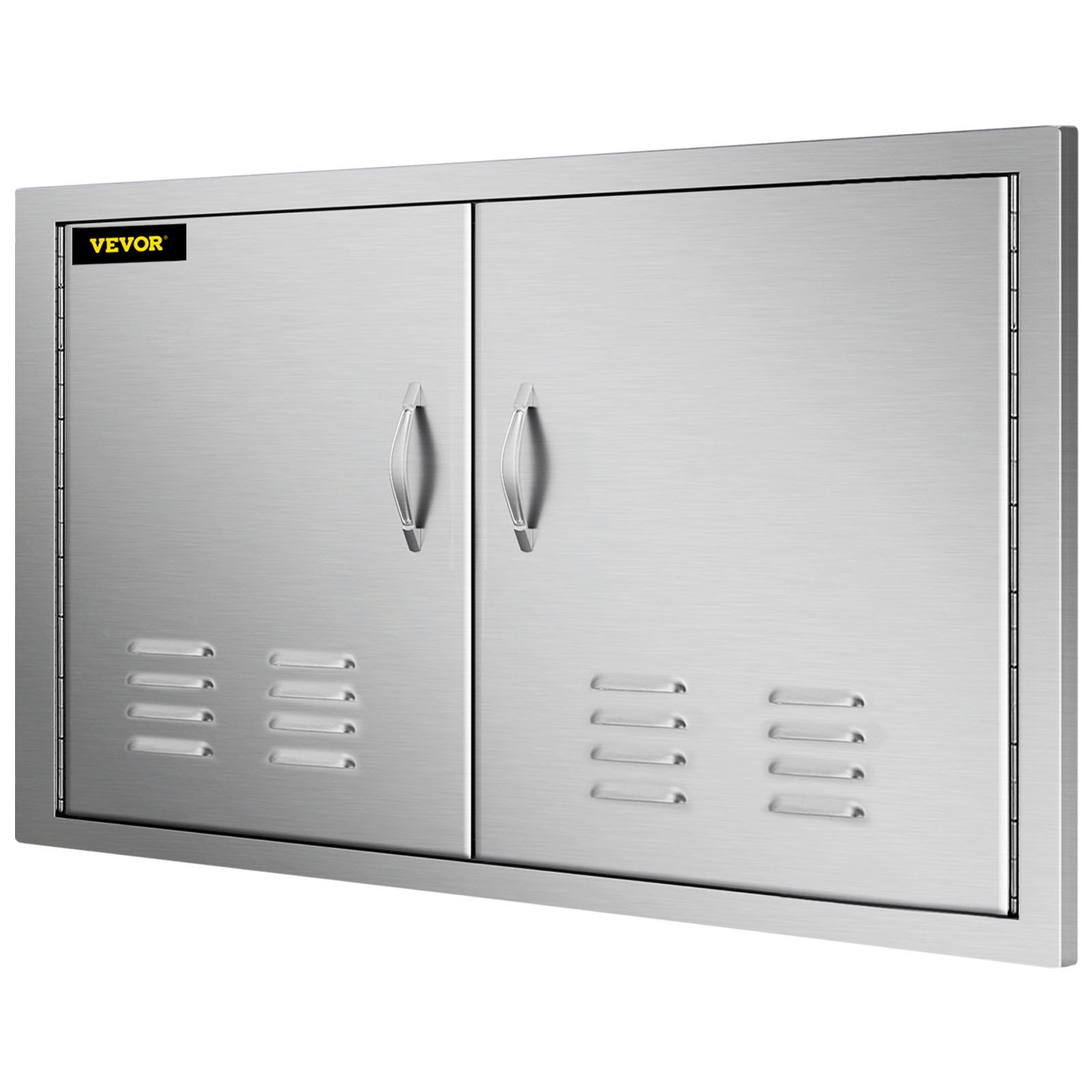 Puerta de isla de barbacoa VEVOR de acero inoxidable con paneles ventilados y manijas dobles.