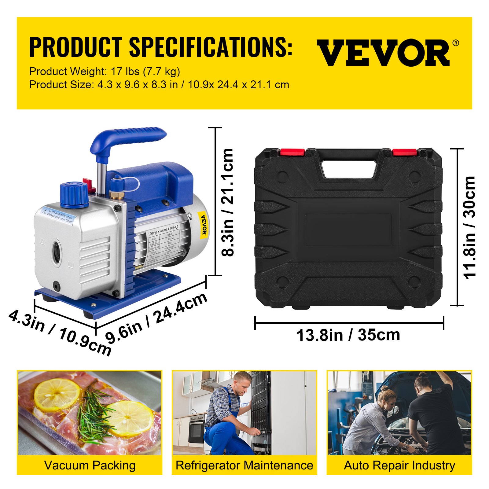 Kit de bomba de vacío de aire VEVOR HVAC con bomba, estuche y aplicaciones en embalaje y mantenimiento.