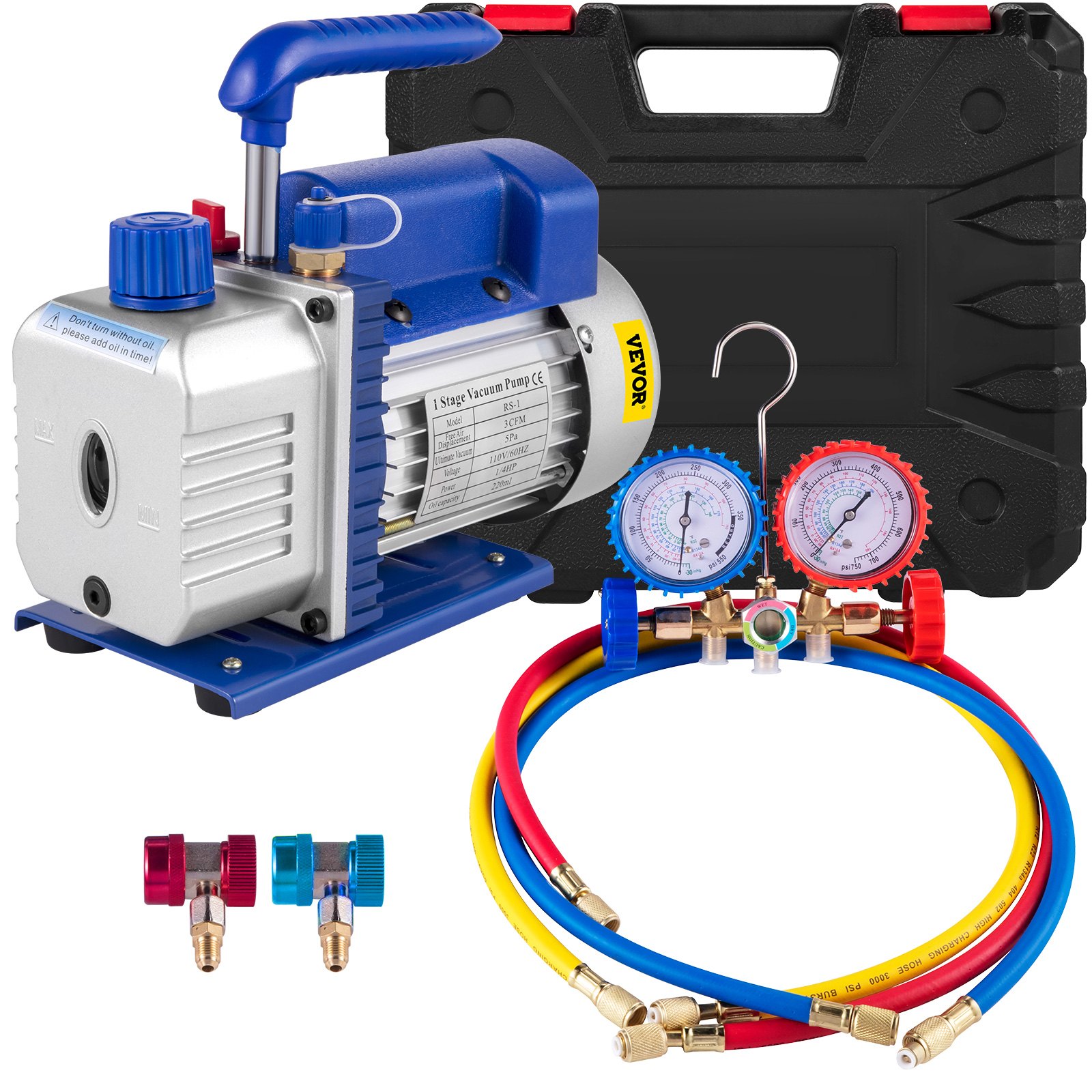 Kit HVAC con bomba de vacío de aire VEVOR con medidores, mangueras, conectores y estuche negro.