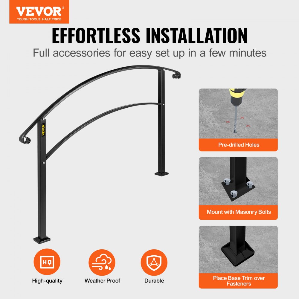 Pasamanos VEVOR para escaleras exteriores, aptos para 1 o 3 escalones, de hierro forjado negro, flexibles para porches delanteros, de transición para escalones de hormigón o madera.