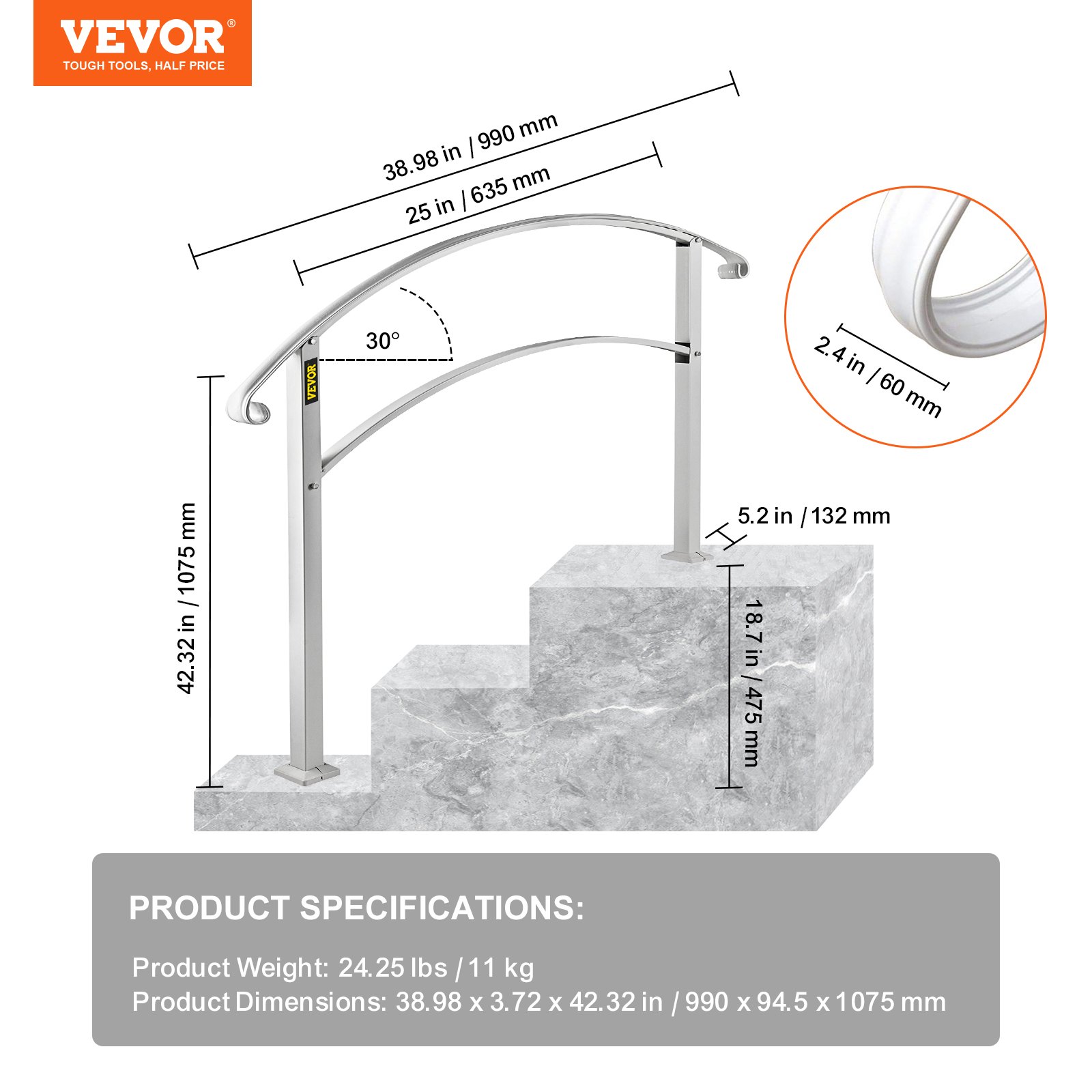Pasamanos VEVOR en escalones de piedra con medidas y especificaciones detalladas.