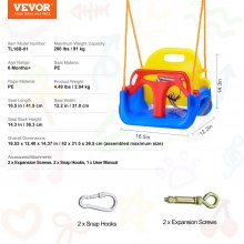 VEVOR Asiento de columpio 3 en 1 para niños pequeños Asiento de columpio para bebé con cuerdas ajustables Ganchos a presión