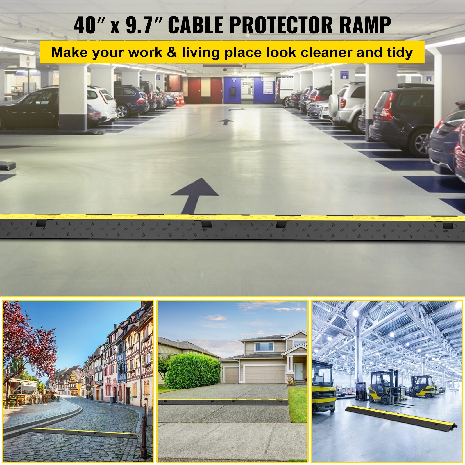 Protectores de cables VEVOR en estacionamientos, calles, entradas y almacenes.