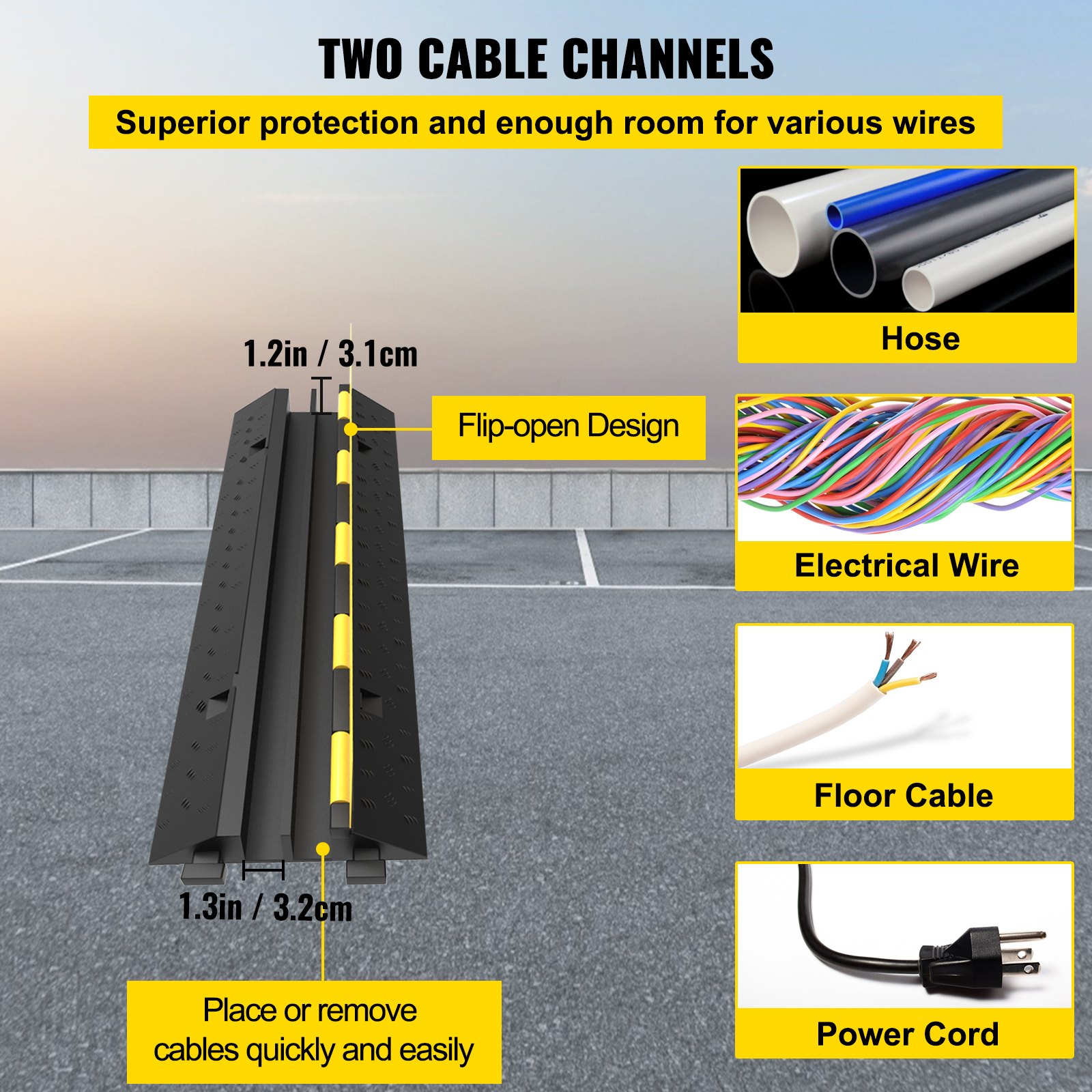 Protectores de cables VEVOR con dos canales para manguera, cable eléctrico, cable de suelo y cable de alimentación.