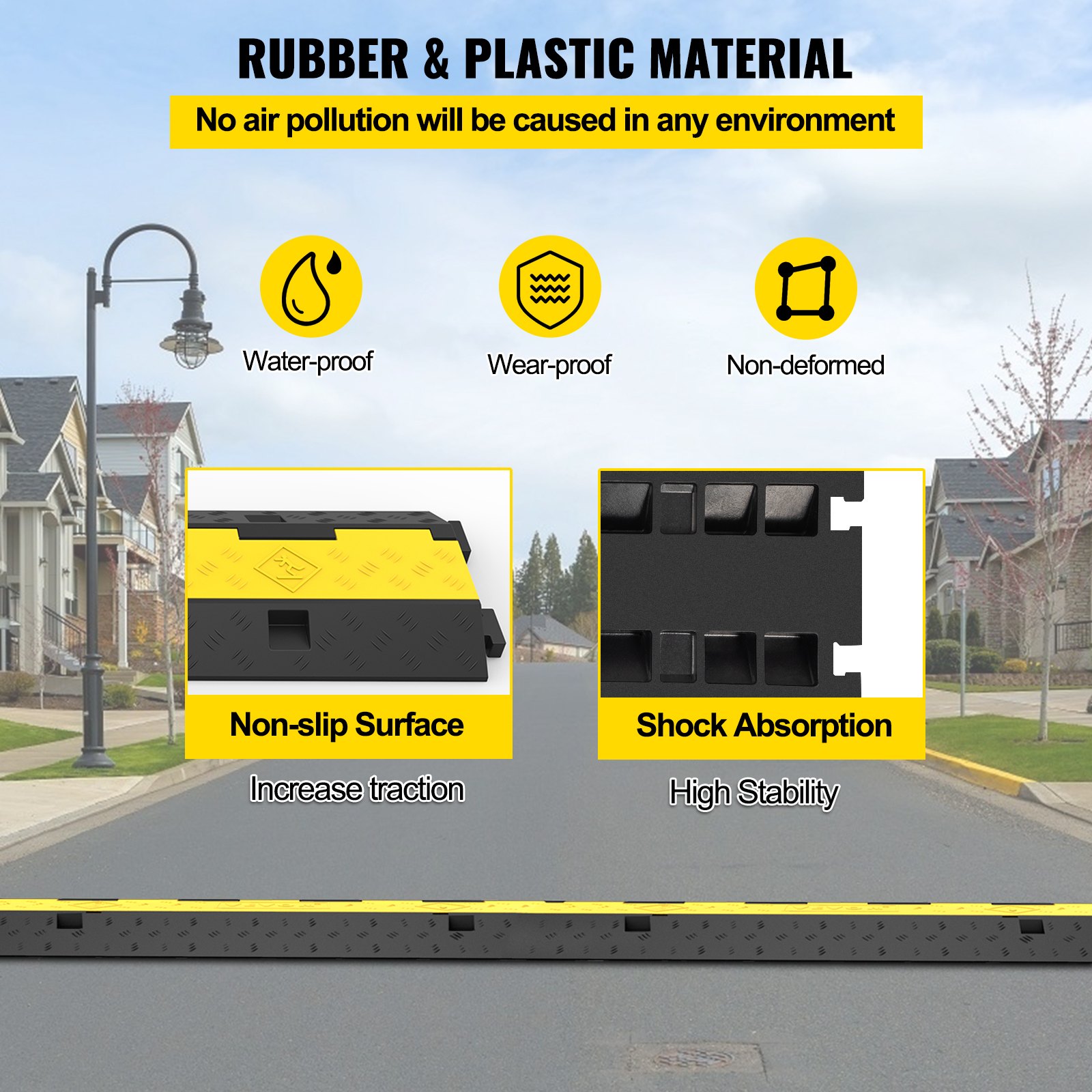 Protectores de cables VEVOR con superficie antideslizante y absorción de impactos en una calle residencial.